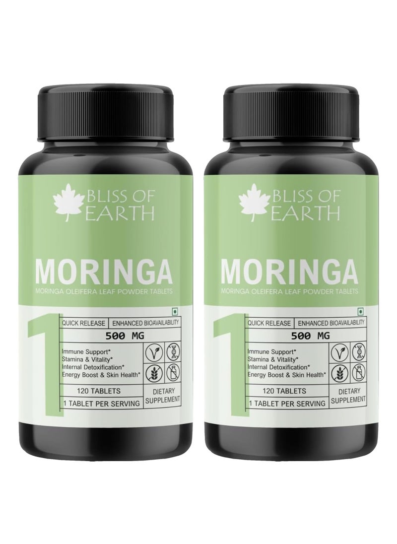 BLISS OF EARTH - Bliss of Earth High Purity Moringa Oleifera Tablets 500gm With Quick Release & Enhanced Bioavailability, Green Superfood Supplement, 120 Tablets Pack of 2 - Image 1