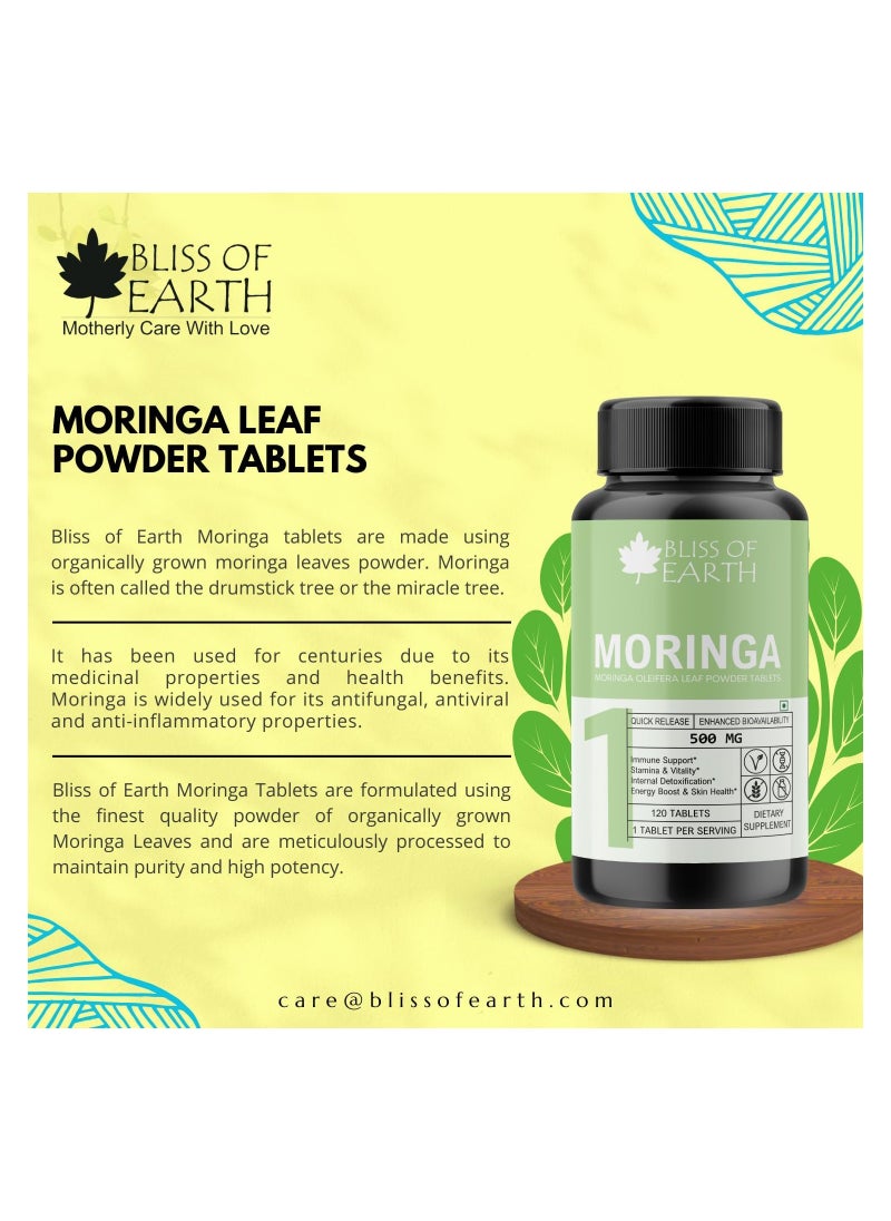 BLISS OF EARTH - Bliss of Earth High Purity Moringa Oleifera Tablets 500gm With Quick Release & Enhanced Bioavailability, Green Superfood Supplement, 120 Tablets Pack of 2 - Image 1