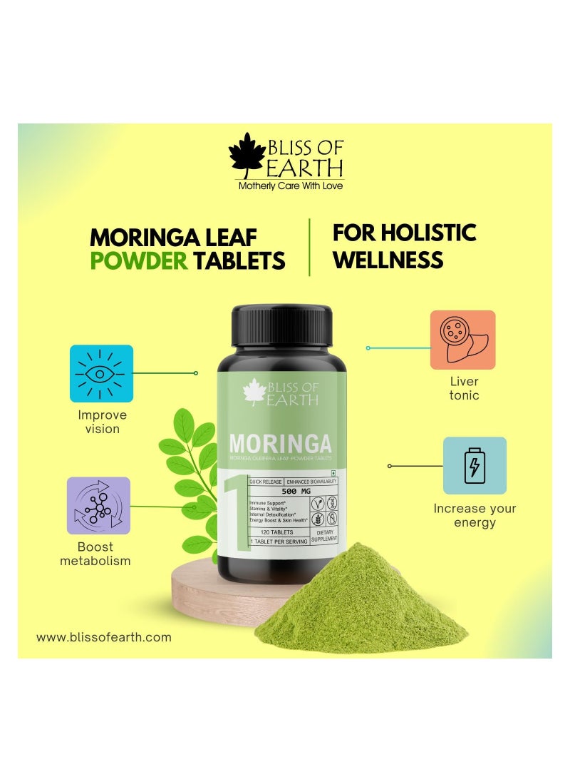 BLISS OF EARTH - Bliss of Earth High Purity Moringa Oleifera Tablets 500gm With Quick Release & Enhanced Bioavailability, Green Superfood Supplement, 120 Tablets Pack of 2 - Image 1