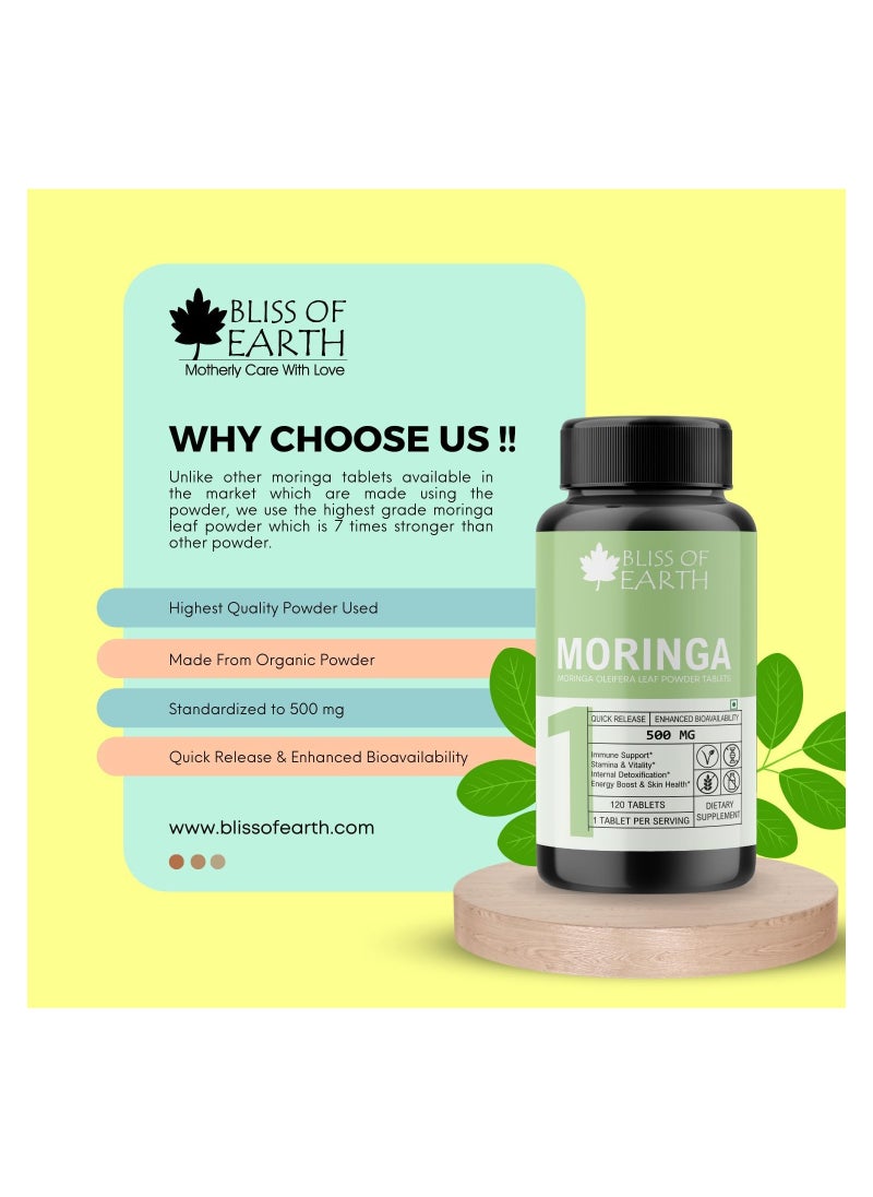 BLISS OF EARTH - Bliss of Earth High Purity Moringa Oleifera Tablets 500gm With Quick Release & Enhanced Bioavailability, Green Superfood Supplement, 120 Tablets Pack of 2 - Image 1