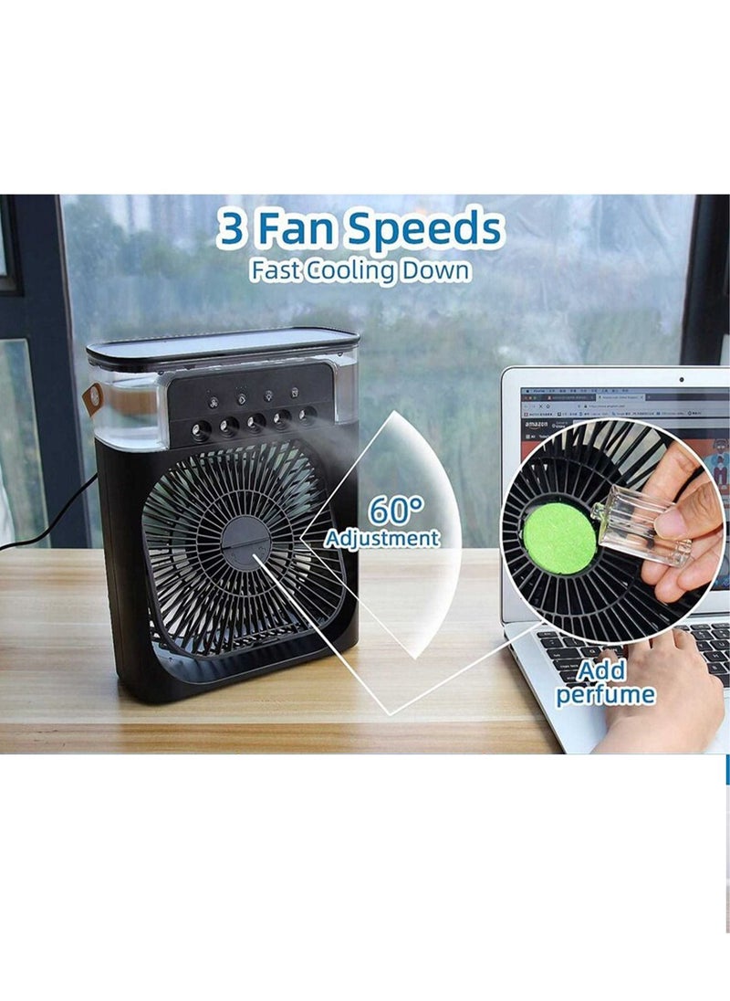 Mini Cooling Fan with 5 Fan Mist Nozzles with 3 Speeds and 7 Colors LED Light Air Freshener and 600ML Water Tank
