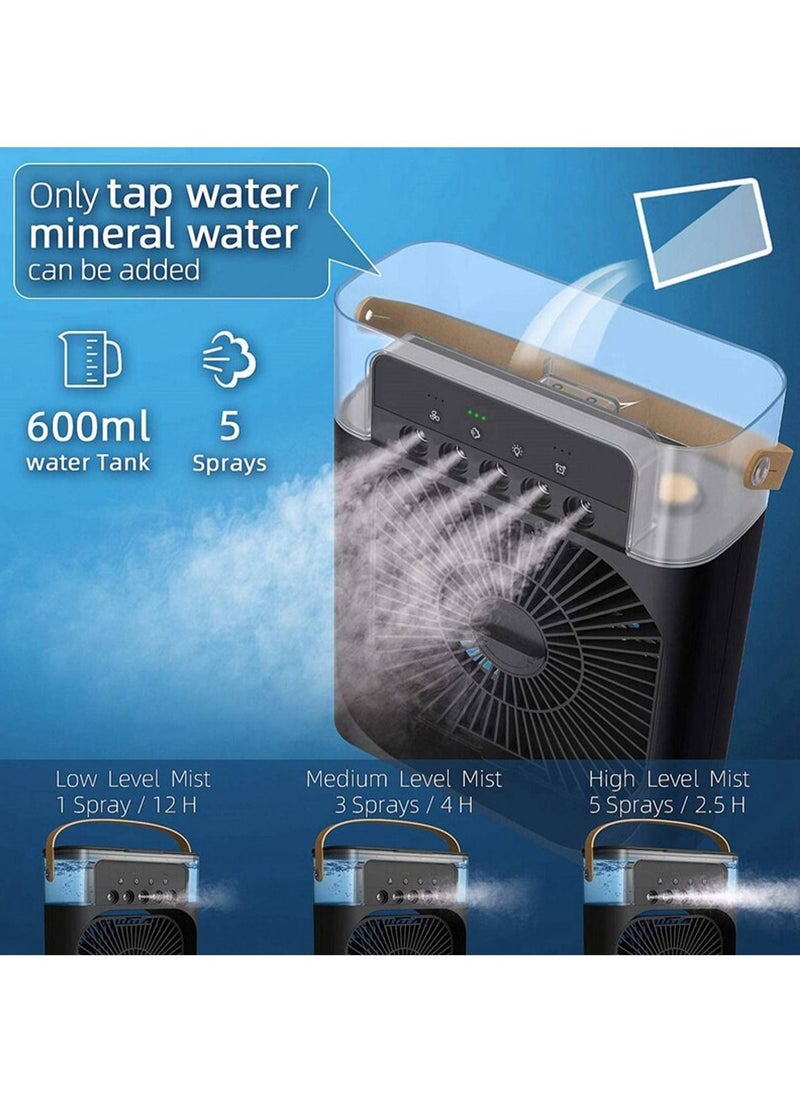 Mini Cooling Fan with 5 Fan Mist Nozzles with 3 Speeds and 7 Colors LED Light Air Freshener and 600ML Water Tank