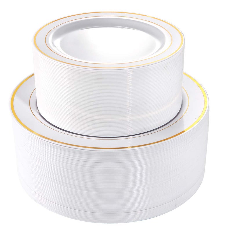 I00000 102 Pieces Gold Plastic Plates, Disposable Party Plates White Gold Rim, 51 Disposable Gold Dinner Plates 10.25 Inch and 51 Disposable Dessert Appetizer Elegant Fancy Wedding Plates 7.5 Inch - Image 1