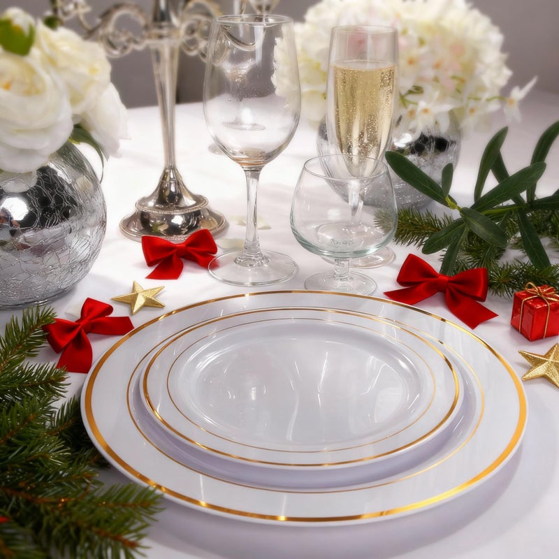 I00000 102 Pieces Gold Plastic Plates, Disposable Party Plates White Gold Rim, 51 Disposable Gold Dinner Plates 10.25 Inch and 51 Disposable Dessert Appetizer Elegant Fancy Wedding Plates 7.5 Inch - Image 2