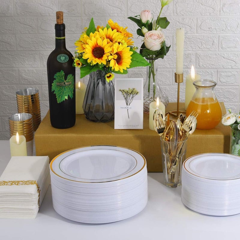 I00000 102 Pieces Gold Plastic Plates, Disposable Party Plates White Gold Rim, 51 Disposable Gold Dinner Plates 10.25 Inch and 51 Disposable Dessert Appetizer Elegant Fancy Wedding Plates 7.5 Inch - Image 3