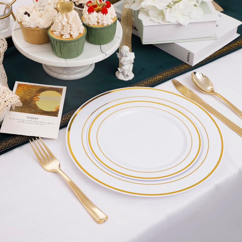 I00000 102 Pieces Gold Plastic Plates, Disposable Party Plates White Gold Rim, 51 Disposable Gold Dinner Plates 10.25 Inch and 51 Disposable Dessert Appetizer Elegant Fancy Wedding Plates 7.5 Inch - Image 5