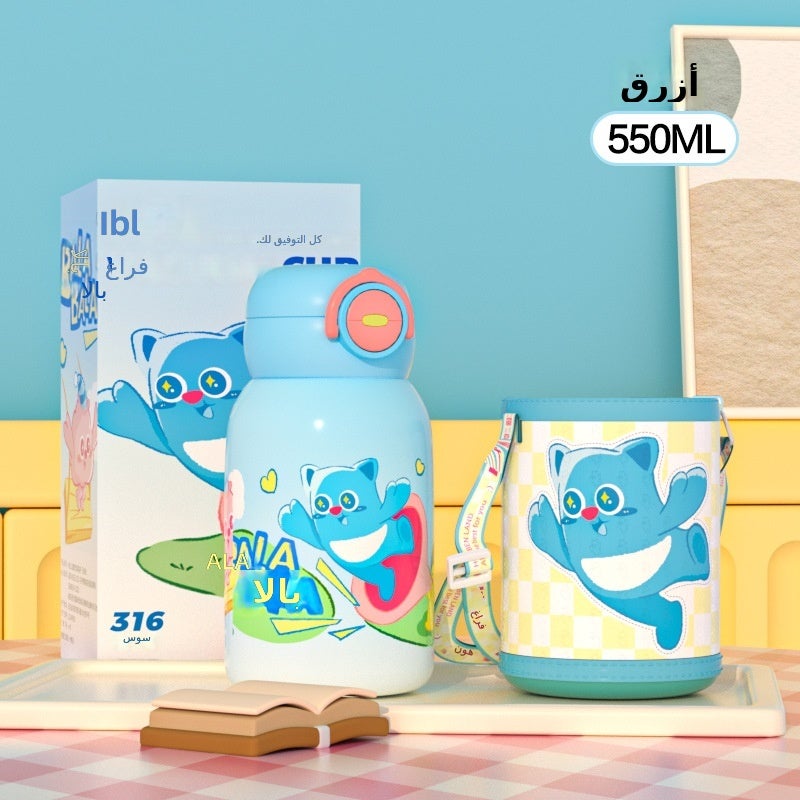 316 Stainless Steel Cartoon Kids Water Bottle with Dual Drink Lid - Portable Large Capacity Insulated Thermos with Straw for School, Travel  (HBL)