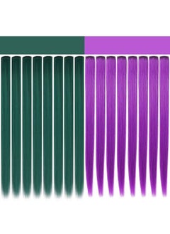 ECOCHARMS 10 PCS Colored Clip in Hair Extensions Green Hair Pieces Straight Hair Extensions Clip in for Woman Multi-Colors Party Highlights Hairpieces(Dark Teal Purple)  - Image 2