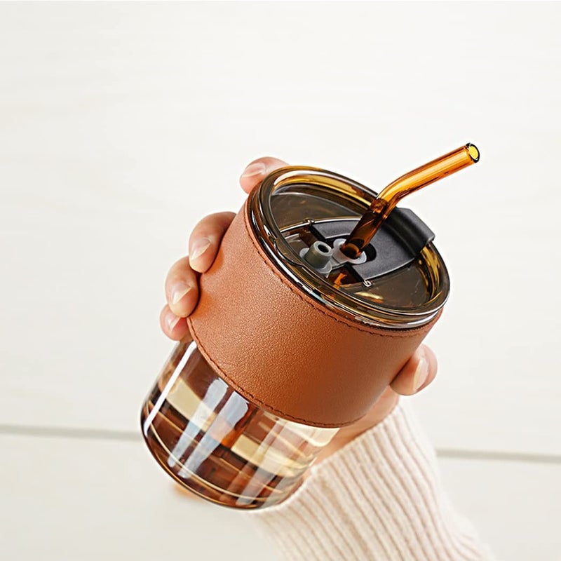 KHOLAD Glass Tumbler with AntiSlip Leather Sleeve Pack of 1 400ml Drining Coffee Sipper with Lid and Glass Straw for Iced TeaSmoothie Cocktail Indoor Outdoor Cup Amber - Image 1