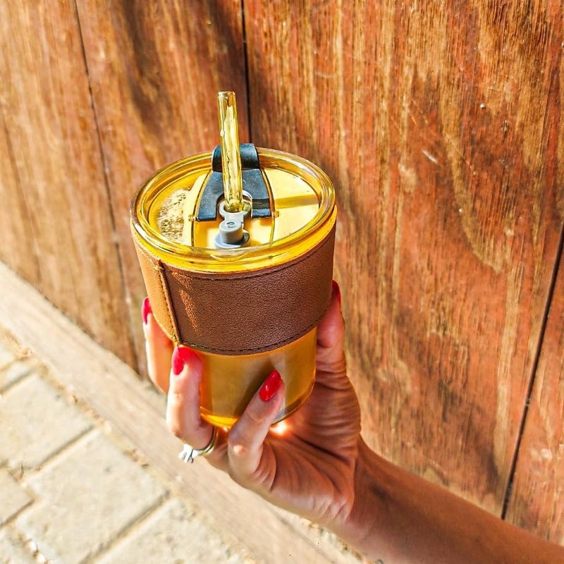 KHOLAD Glass Tumbler with AntiSlip Leather Sleeve Pack of 1 400ml Drining Coffee Sipper with Lid and Glass Straw for Iced TeaSmoothie Cocktail Indoor Outdoor Cup Amber - Image 4