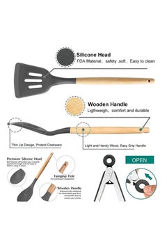 TYCOM Silicone Cooking Utensils Kitchen Utensil Set 11 Pieces Natural Wooden Handles Cooking Tools Turner Tongs Spatula Spoon for Nonstick Cookware Best Kitchen Tools BPA Free Non Toxic  - Image 2