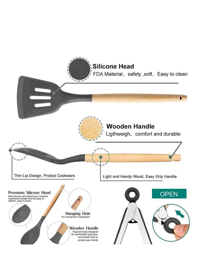 TYCOM Silicone Cooking Utensils Kitchen Utensil Set 11 Pieces Natural Wooden Handles Cooking Tools Turner Tongs Spatula Spoon for Nonstick Cookware Best Kitchen Tools BPA Free Non Toxic  - Image 2