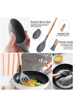 TYCOM Silicone Cooking Utensils Kitchen Utensil Set 11 Pieces Natural Wooden Handles Cooking Tools Turner Tongs Spatula Spoon for Nonstick Cookware Best Kitchen Tools BPA Free Non Toxic  - Image 3