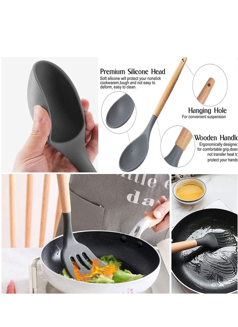 TYCOM Silicone Cooking Utensils Kitchen Utensil Set 11 Pieces Natural Wooden Handles Cooking Tools Turner Tongs Spatula Spoon for Nonstick Cookware Best Kitchen Tools BPA Free Non Toxic  - Image 3