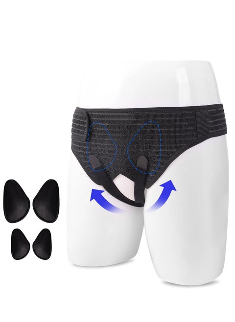 Hernia Belts for Men Inguinal, Hernia Support Brace for Groin Pain Relief, Hernia Truss for Bilateral Hernia, Adjustable Waist Guard Left or Right Side (M with 4 Compression Pads) (Black)