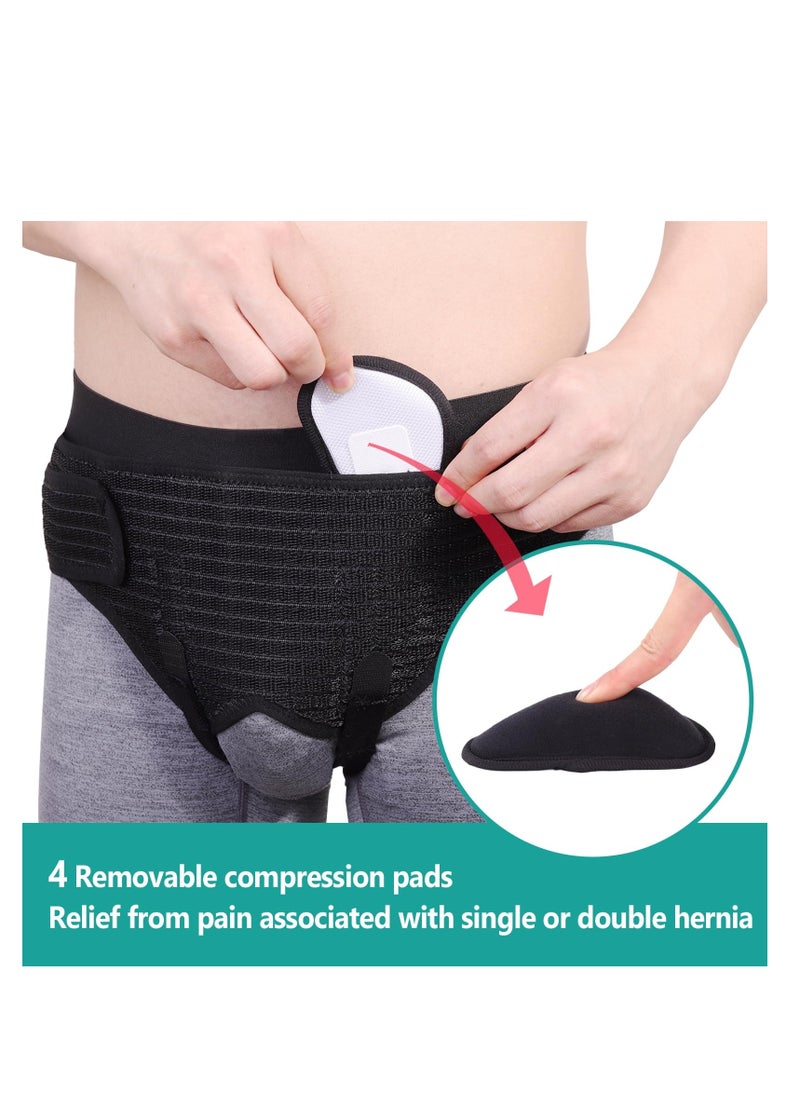 Hernia Belts for Men Inguinal, Hernia Support Brace for Groin Pain Relief, Hernia Truss for Bilateral Hernia, Adjustable Waist Guard Left or Right Side (M with 4 Compression Pads) (Black)