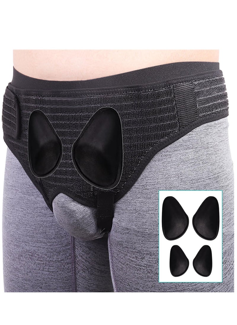Hernia Belts for Men Inguinal, Hernia Support Brace for Groin Pain Relief, Hernia Truss for Bilateral Hernia, Adjustable Waist Guard Left or Right Side (M with 4 Compression Pads) (Black)