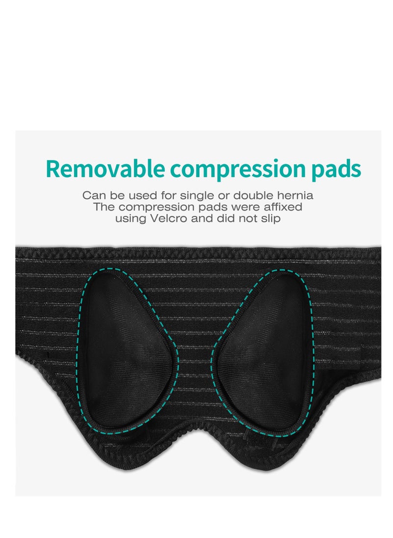 Hernia Belts for Men Inguinal, Hernia Support Brace for Groin Pain Relief, Hernia Truss for Bilateral Hernia, Adjustable Waist Guard Left or Right Side (M with 4 Compression Pads) (Black)