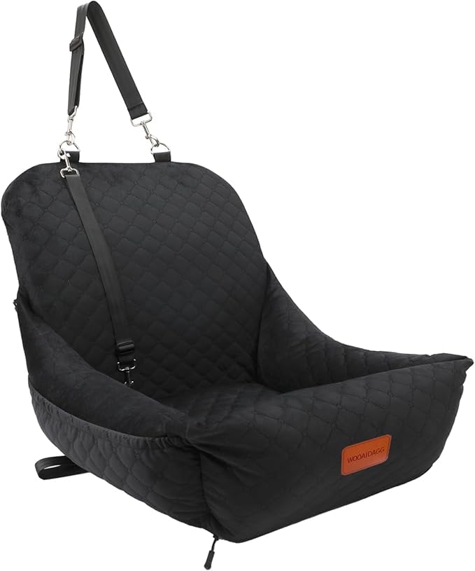 Wooaidagg Dog Car Seat for Small Dogs Up to 25 lbs,Covered Ultra-Soft Fabric and Fill in Memory Foam,Fully Detachable and Washable,2 Clip-On Safety Leashes and Storage Pockets(Black) - Image 1