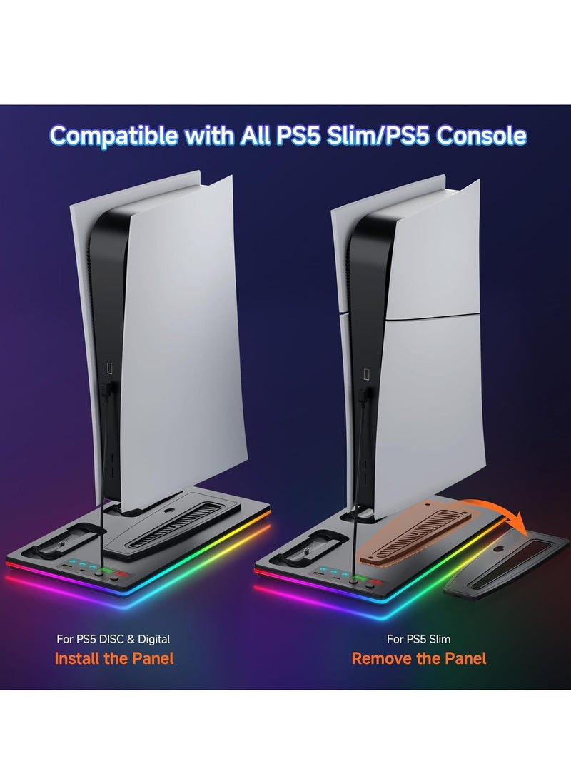 اكسيموس حامل تبريد لجهاز PS5 العادي/سليم/برو مع قاعدة شحن مزدوجة لوحدات التحكم مع ضوء LED، مناسب لجهاز بلاي ستيشن 5 سليم والعادي قرص/رقمي، ملحقات PS5، يتضمن شاحن وحدة التحكم ومروحة توربو و3 مداخل USB (أسود) - Image 3