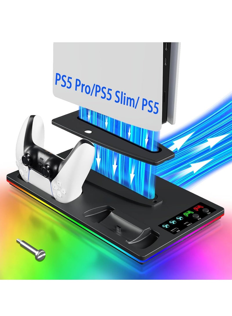 اكسيموس حامل تبريد لجهاز PS5 العادي/سليم/برو مع قاعدة شحن مزدوجة لوحدات التحكم مع ضوء LED، مناسب لجهاز بلاي ستيشن 5 سليم والعادي قرص/رقمي، ملحقات PS5، يتضمن شاحن وحدة التحكم ومروحة توربو و3 مداخل USB (أسود) - Image 1