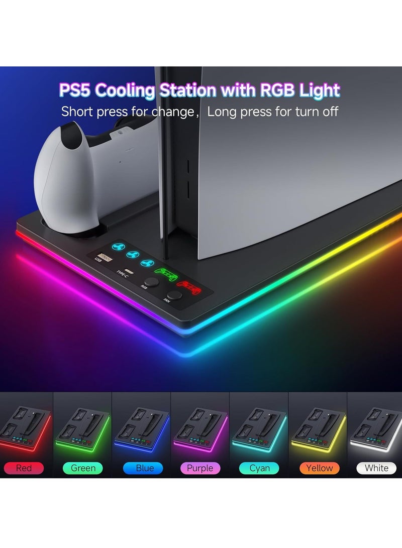 اكسيموس حامل تبريد لجهاز PS5 العادي/سليم/برو مع قاعدة شحن مزدوجة لوحدات التحكم مع ضوء LED، مناسب لجهاز بلاي ستيشن 5 سليم والعادي قرص/رقمي، ملحقات PS5، يتضمن شاحن وحدة التحكم ومروحة توربو و3 مداخل USB (أسود) - Image 4