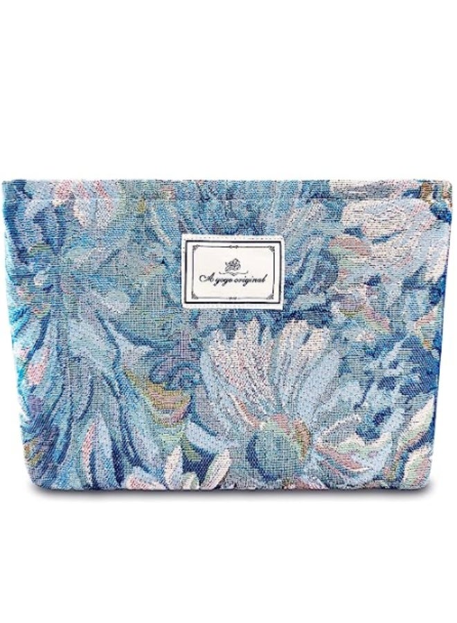 خاجول حقيبة تجميل زرقاء مزهرة، حقيبة مستحضرات تجميل ناعمة بتصميم أزهار وبتطريز، حقيبة تجميل سفر كبيرة السعة للنساء، هدية لعيد الفطر، وعيد الأم، والمناسبات الخاصة - Image 1