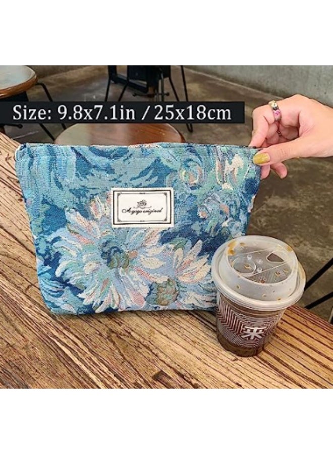 خاجول حقيبة تجميل زرقاء مزهرة، حقيبة مستحضرات تجميل ناعمة بتصميم أزهار وبتطريز، حقيبة تجميل سفر كبيرة السعة للنساء، هدية لعيد الفطر، وعيد الأم، والمناسبات الخاصة - Image 2