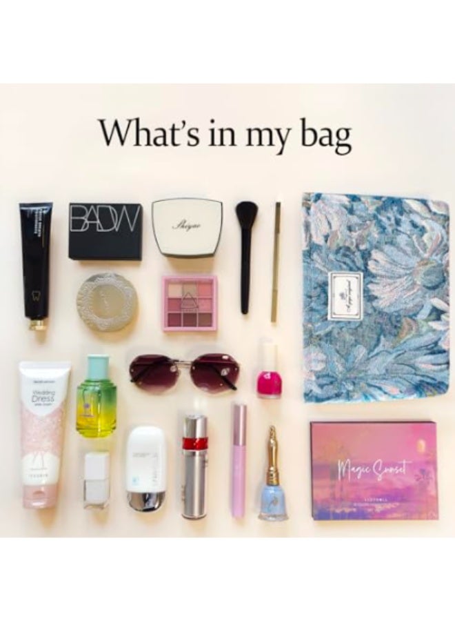 خاجول حقيبة تجميل زرقاء مزهرة، حقيبة مستحضرات تجميل ناعمة بتصميم أزهار وبتطريز، حقيبة تجميل سفر كبيرة السعة للنساء، هدية لعيد الفطر، وعيد الأم، والمناسبات الخاصة - Image 3