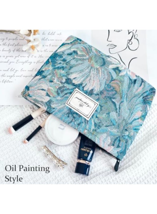 خاجول حقيبة تجميل زرقاء مزهرة، حقيبة مستحضرات تجميل ناعمة بتصميم أزهار وبتطريز، حقيبة تجميل سفر كبيرة السعة للنساء، هدية لعيد الفطر، وعيد الأم، والمناسبات الخاصة - Image 4