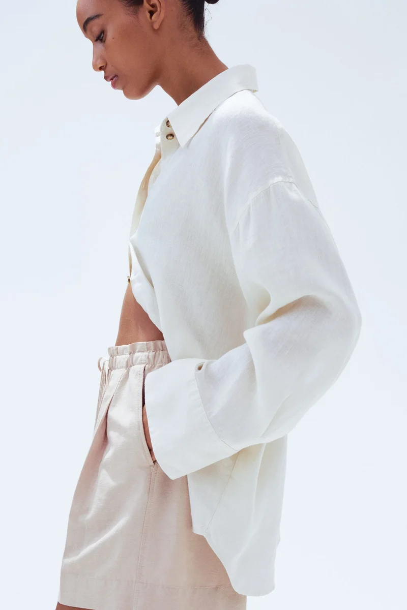 اتش اند ام شورت من مزيج الكتان برباط خصر