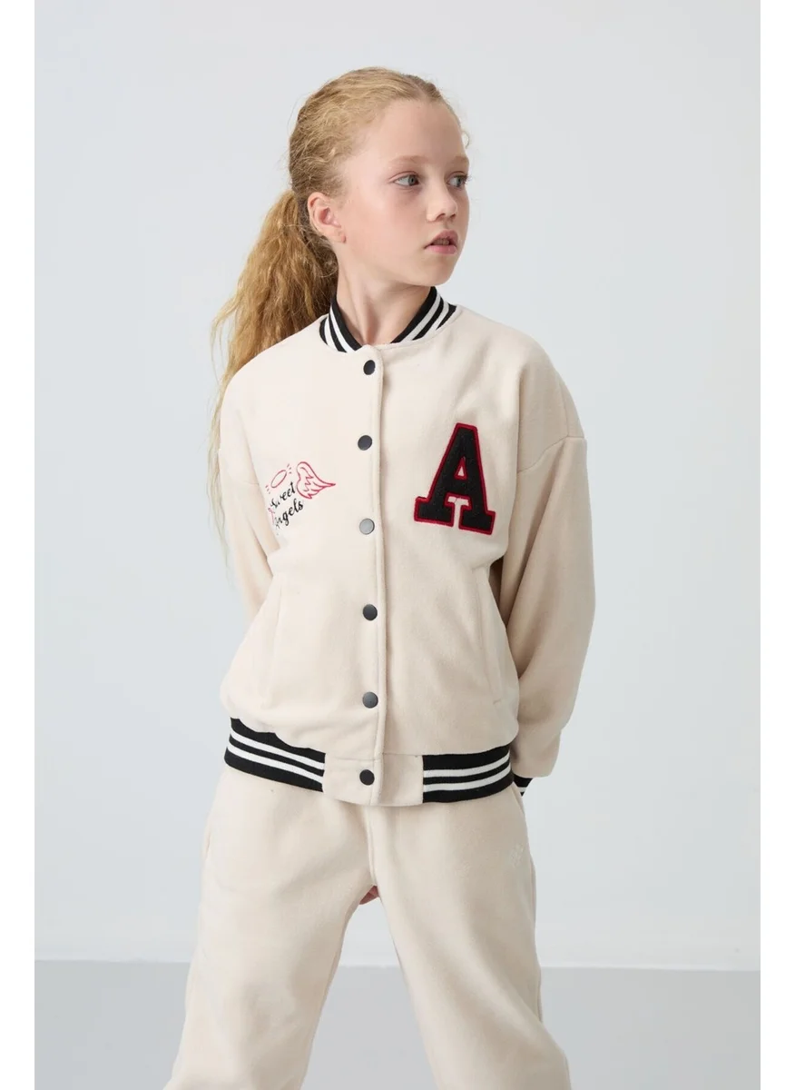 Tommy Life Beige Thick Soft Texture Standard Fit Embroidered Fleece Girls College Jacket - 75156