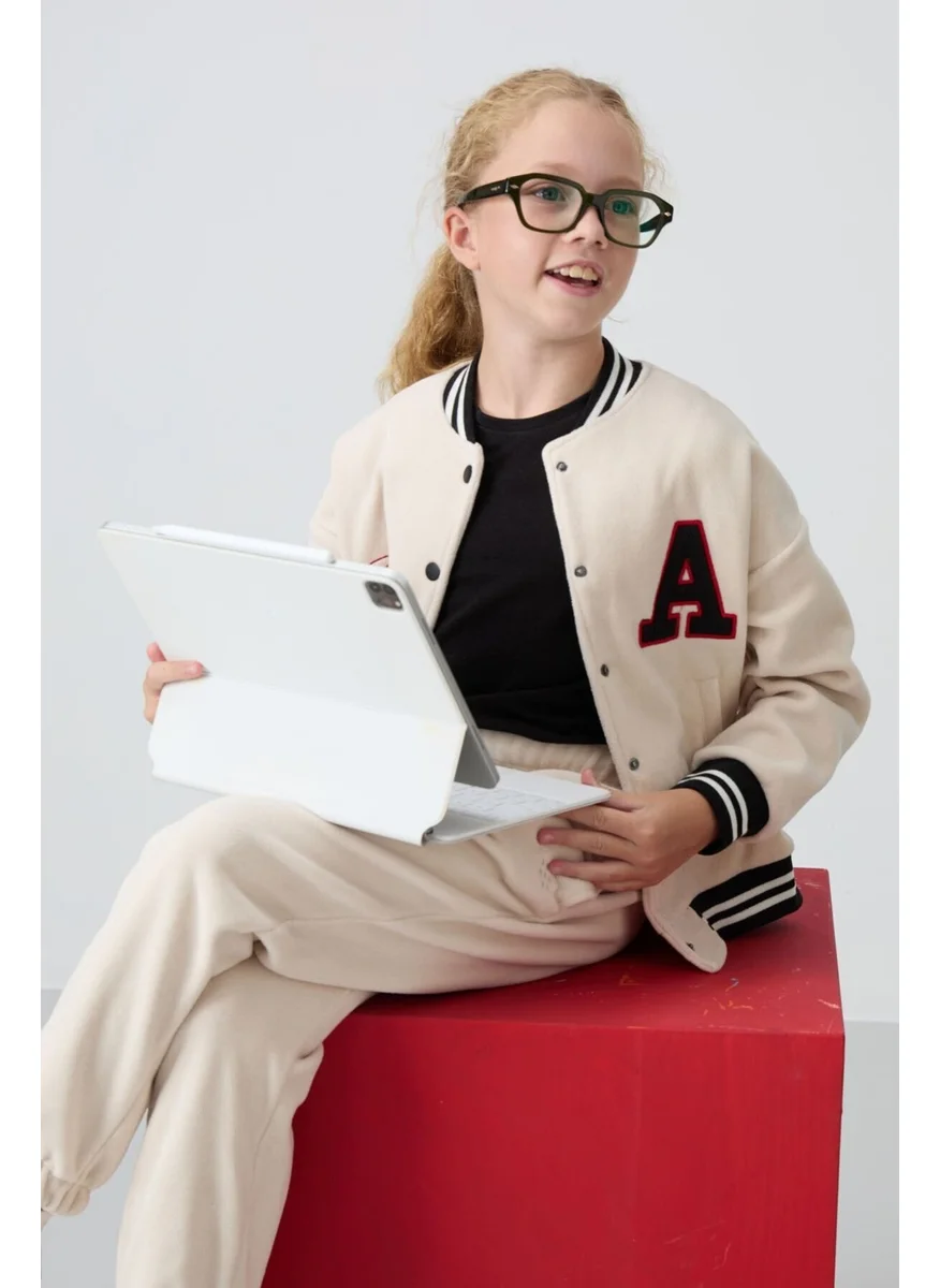 Tommy Life Beige Thick Soft Texture Standard Fit Embroidered Fleece Girls College Jacket - 75156