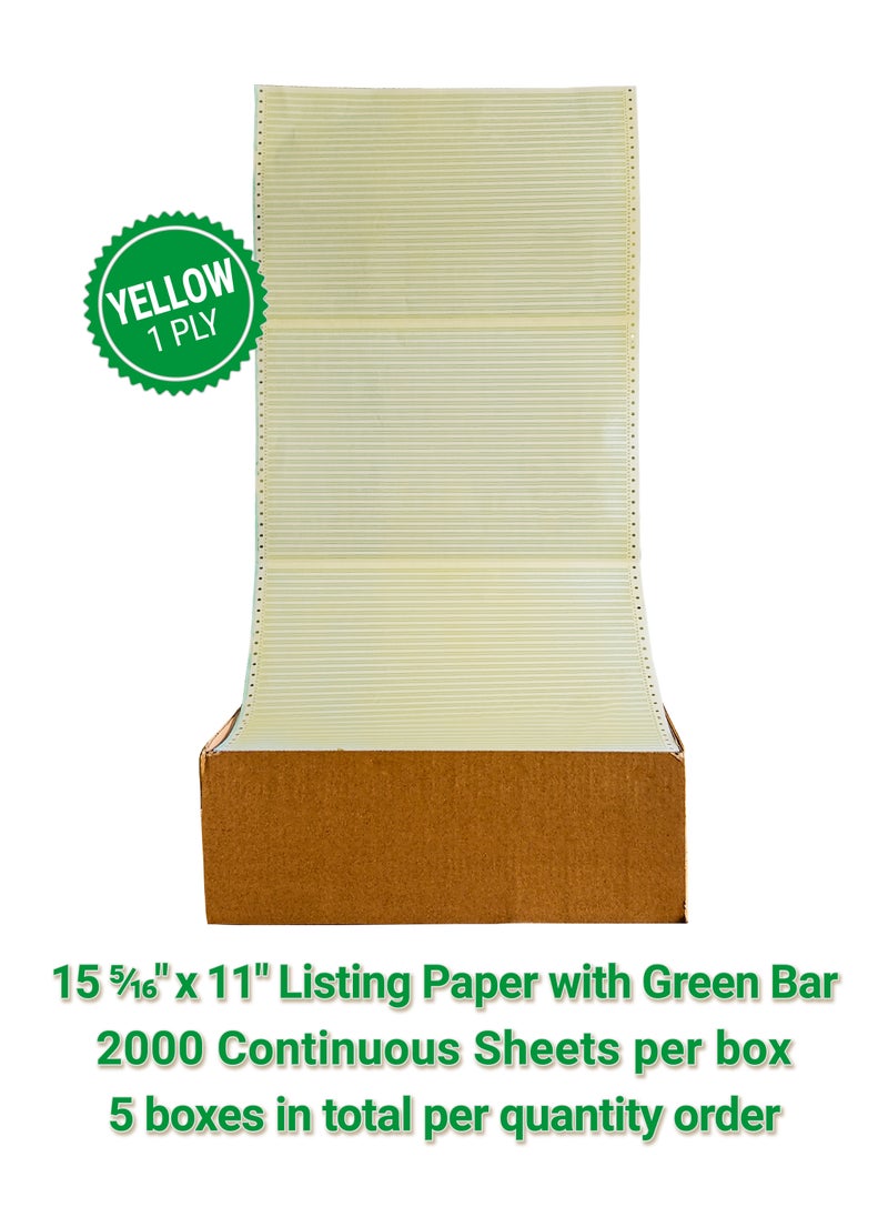 Abulhoul Printing Press LLC ABULHOUL Continuous Listing Computer Paper With Green Bar 15 5/16” x 11” YELLOW Ply Single 2000 Sheets Per Box 60gsm (±5% In Actual Weight) Used For Wide Dot-Matrix Impact Printers With Ink Ribbons  - Image 1