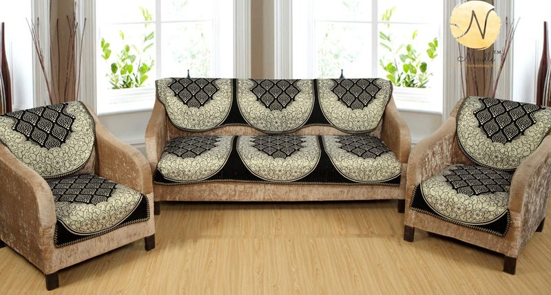 Nendle Luxurious Cotton Abstract Design 5 Seater Sofa Cover Set- 6 Pieces (Black) - Image 5