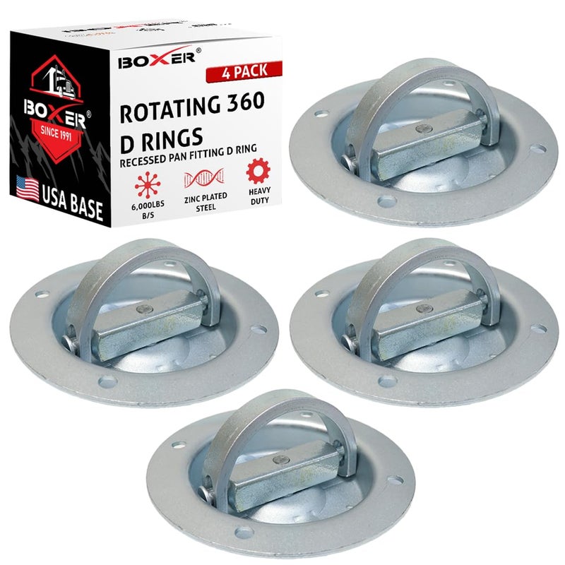 Boxer 4 Pack Extra Large Rotating RecessedPan Fitting with DRing Swivels 360 Degrees  DRing Tie Down Anchor Point  Heavy Duty 6000 LBS Zinc Plated