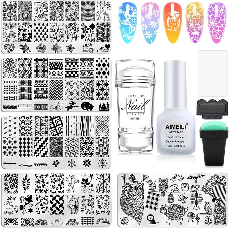 AIMEILI Nail Art Stamping Templates Manicure Tool Kit 5Pcs Nail Stamping Plates, 2 Stamper, 2 Scraper, 1 Latex Peel Off Tape, Flower Animal Pattern Manicure Print Tools for DIY Nail Art Designs - Image 1