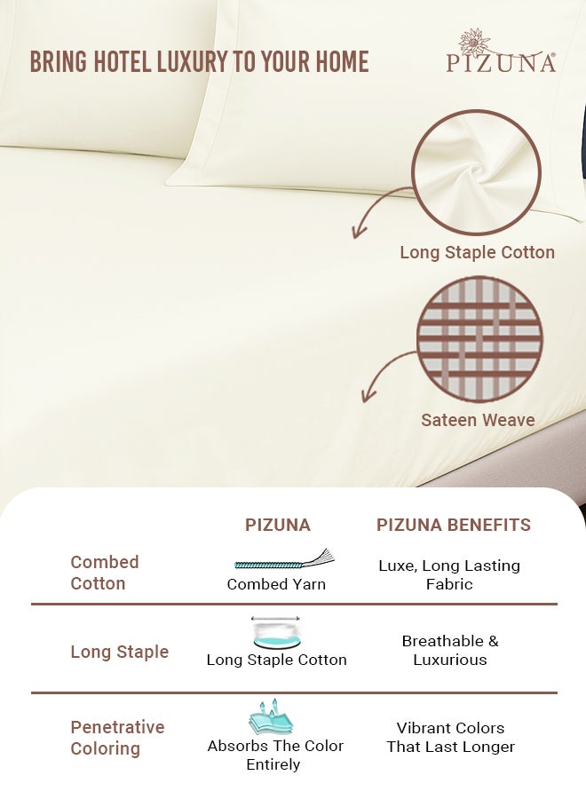 Pizuna Pure 100% Cotton Twin Fitted Bed Sheet 120x200 cm New Ivory, 400 Thread Count Cool Luxury Soft Long Staple Cotton Sateen Weave, Deep Pocket Bedsheet Fits 40cm (Fitted Sheet -1PC) - Image 2