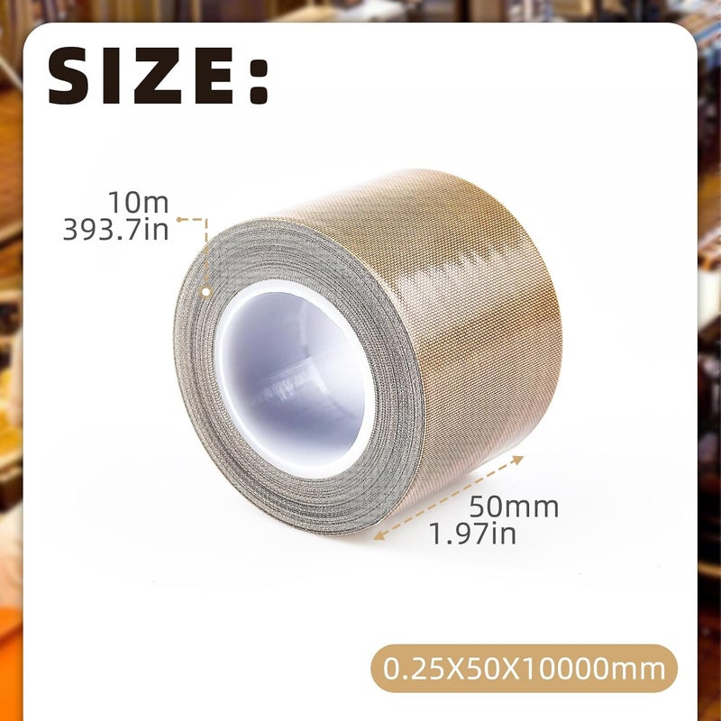 فلاين شريط تفلون عالي الحرارة، 0.25 مم × 50 مم × 10 م، شريط تفلون لاصق PTFE للخشب/الخزائن/الأثاث، شريط قماش زجاجي تفلون متين لآلة الختم الفراغي النبضي/الختم الحراري/الاستخدام الصناعي - Image 2