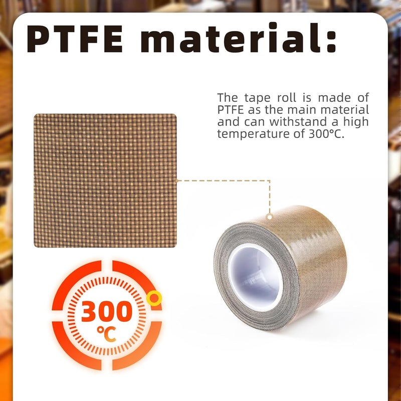 فلاين شريط تفلون عالي الحرارة، 0.25 مم × 50 مم × 10 م، شريط تفلون لاصق PTFE للخشب/الخزائن/الأثاث، شريط قماش زجاجي تفلون متين لآلة الختم الفراغي النبضي/الختم الحراري/الاستخدام الصناعي - Image 5