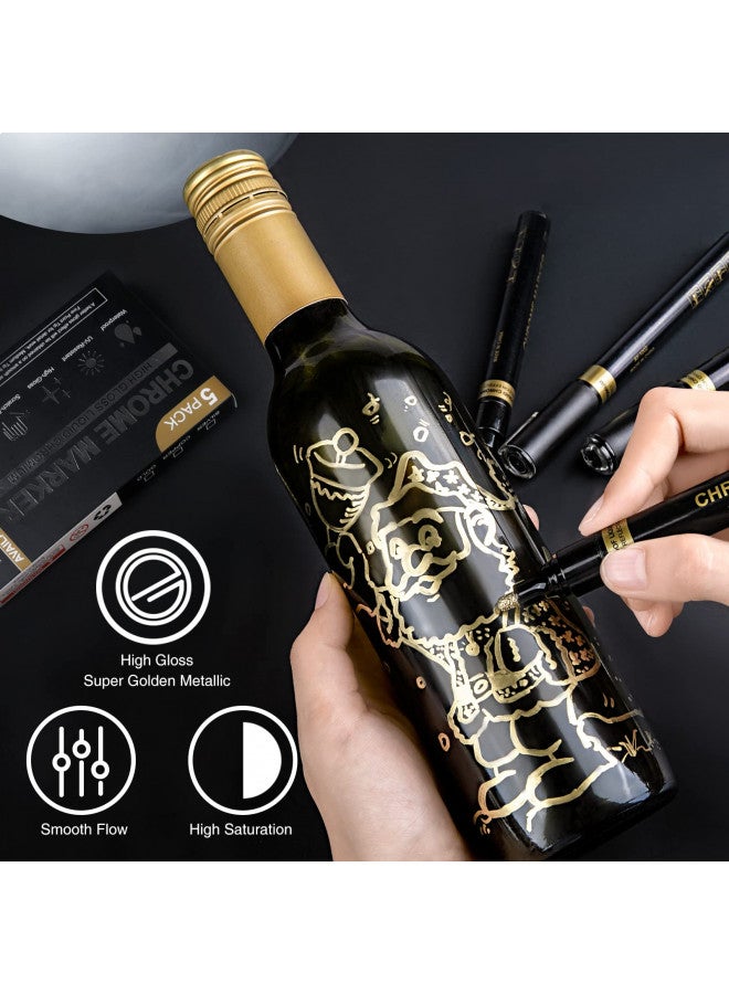 KERIFI Liquid Gold Chrome Markers, Supper Golden Metallic Paint Pens, Reflective Gloss Permanent Mirror Markers for Model Repairing, Resin Metal Glass Plastic, DIY Art Projects Crafts (5 Pack, 1-3mm) - Image 1
