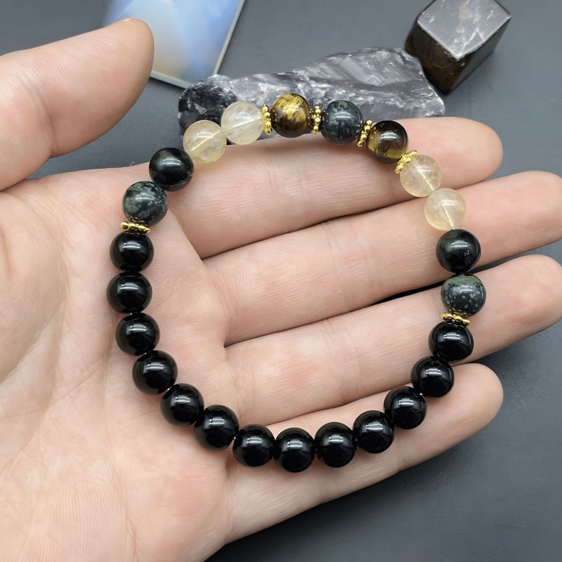 Gui Yi Qi Xing Natural Stone Bracelet Tiger Eye Crystal Black Obsidian Beaded Bracelet Unisex Fashion Jewelry - Image 3