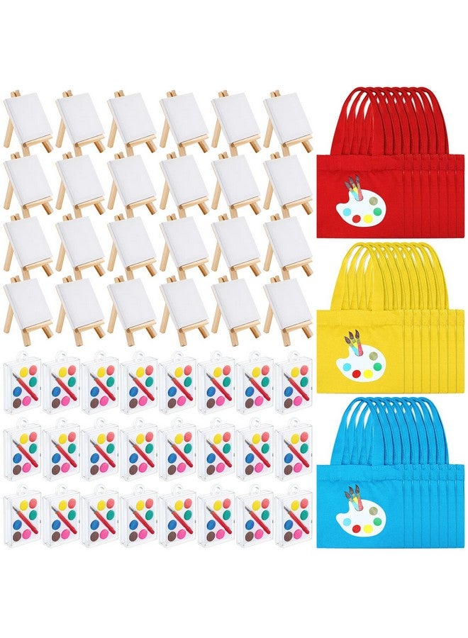 Zhengmy Zhengmy 24 Set Watercolor Paint Art Party Favors Mini Paint Sets Canvas Tote Bags Goodie Bags 3'' x 3'' Canvas Panel with Wooden Easel Set for Easter Sip and Party  - Image 1