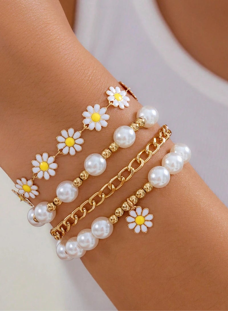 Loquat 4-Piece Daisy Flower Bracelet, Pearl Beaded Flower Bracelet, Multilayer Bracelet Set Flower Bracelet Women Jewelry - Image 5