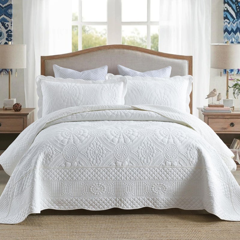 MarCielo 100% Cotton Quilt Set - 3-Piece Embroidered Farmhouse Bedspread & Shams, All-Season Breathable Bedding (Tf Bright White,Queen) - Image 1