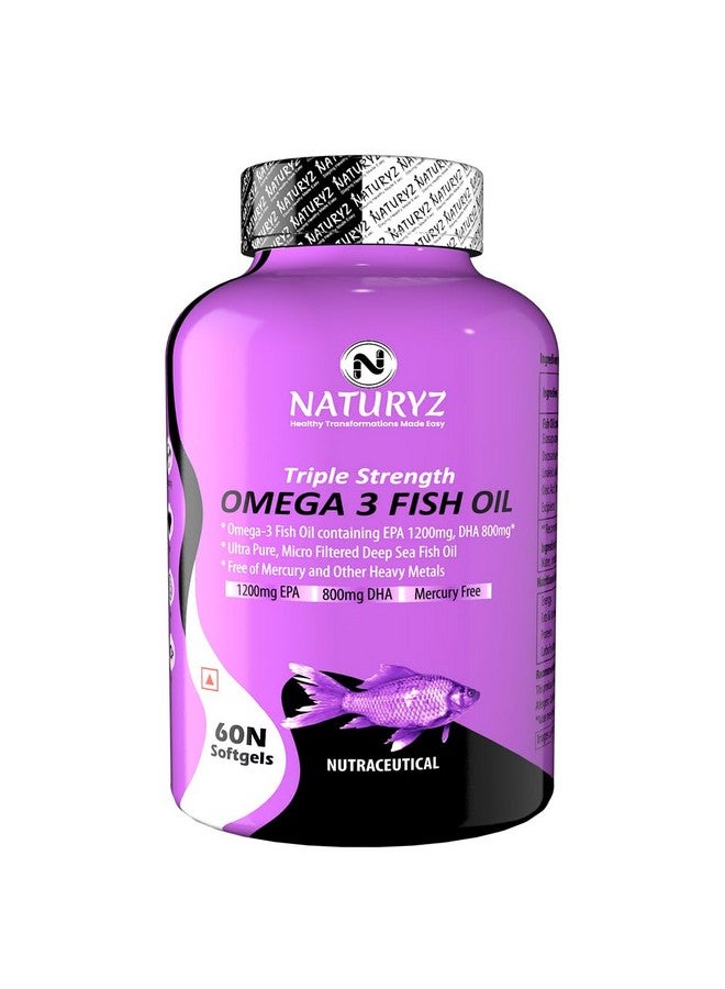 Naturyz Triple Strength Omega 3 Fish Oil with Highest Strength 2450 mg, 60 Capsules, Omega 3-6-9 Per Serving (EPA 1200mg DHA 800mg) Capsules For Men & Women - Image 1