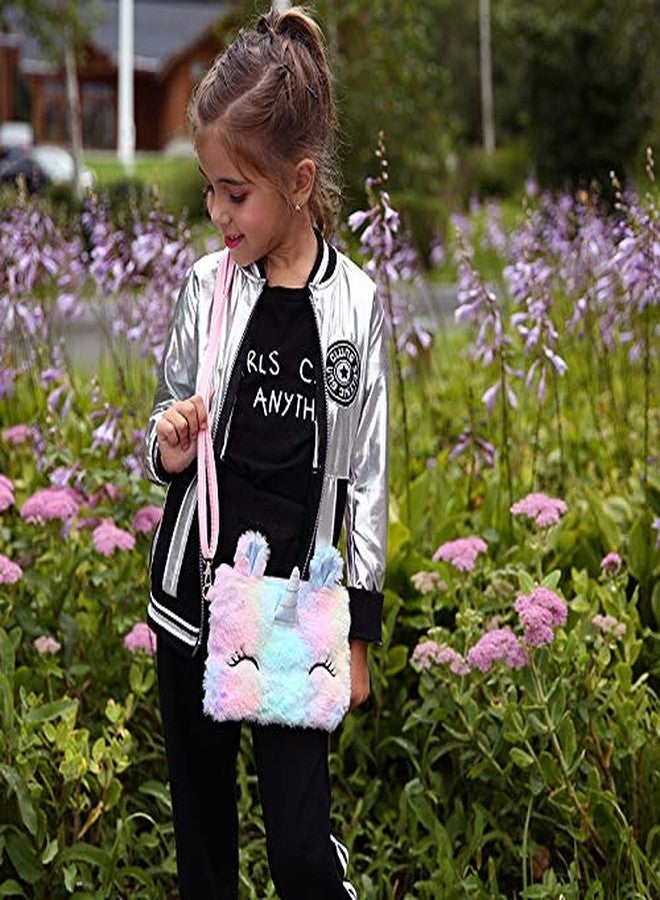 Newfancy Little Girls Kids Toddler Unicorn Tie Dye Fuzzy Plush Crossbody Shoulder Purse Rainbow Faux Fur Handbag - Image 2