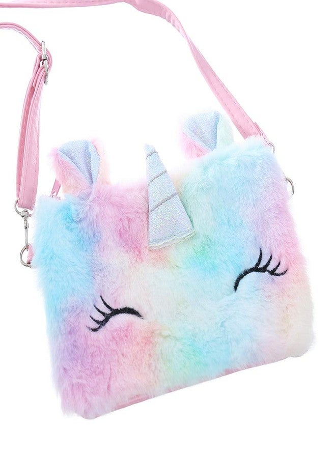 Newfancy Little Girls Kids Toddler Unicorn Tie Dye Fuzzy Plush Crossbody Shoulder Purse Rainbow Faux Fur Handbag - Image 5
