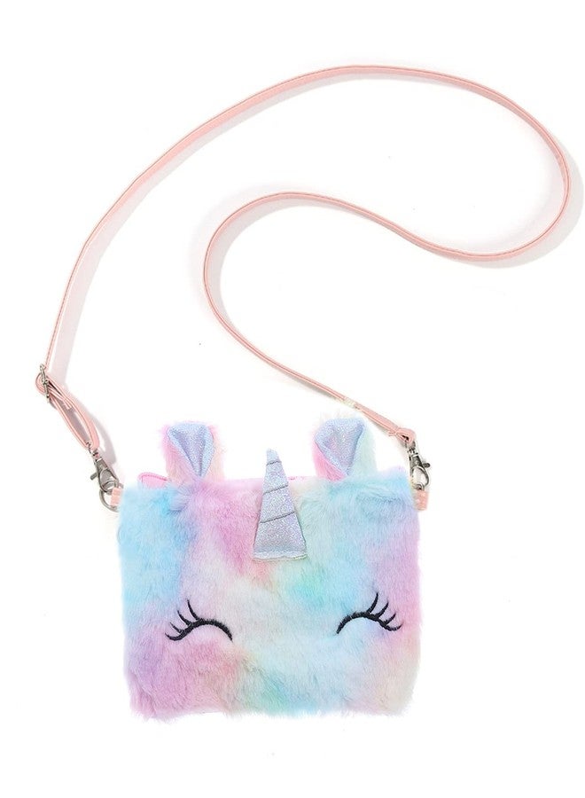 Newfancy Little Girls Kids Toddler Unicorn Tie Dye Fuzzy Plush Crossbody Shoulder Purse Rainbow Faux Fur Handbag - Image 1