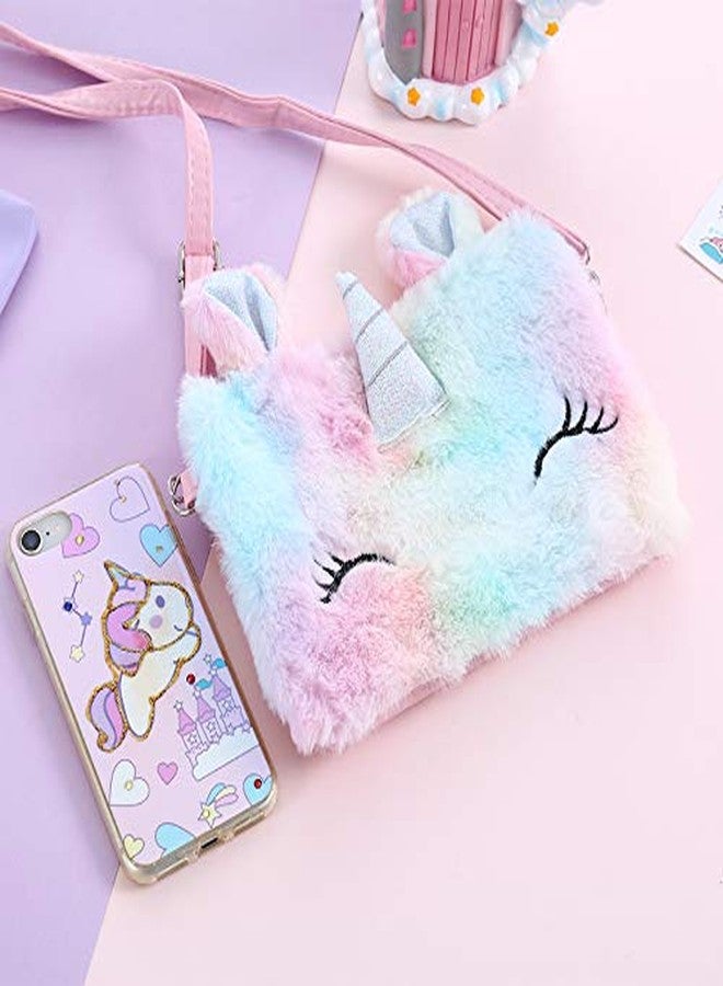 Newfancy Little Girls Kids Toddler Unicorn Tie Dye Fuzzy Plush Crossbody Shoulder Purse Rainbow Faux Fur Handbag - Image 4